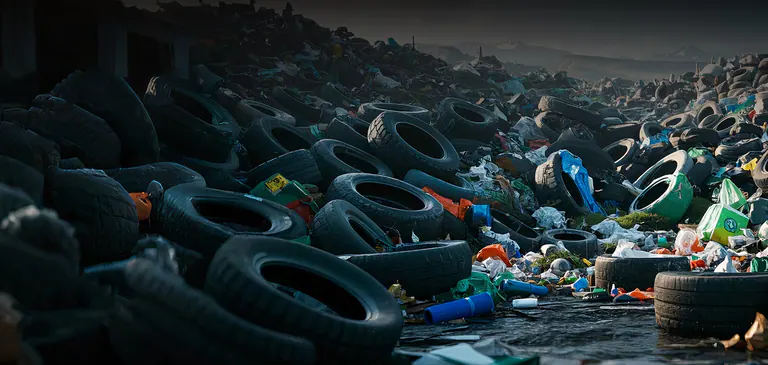 Discarded tyres at a municipal solid waste recovery site